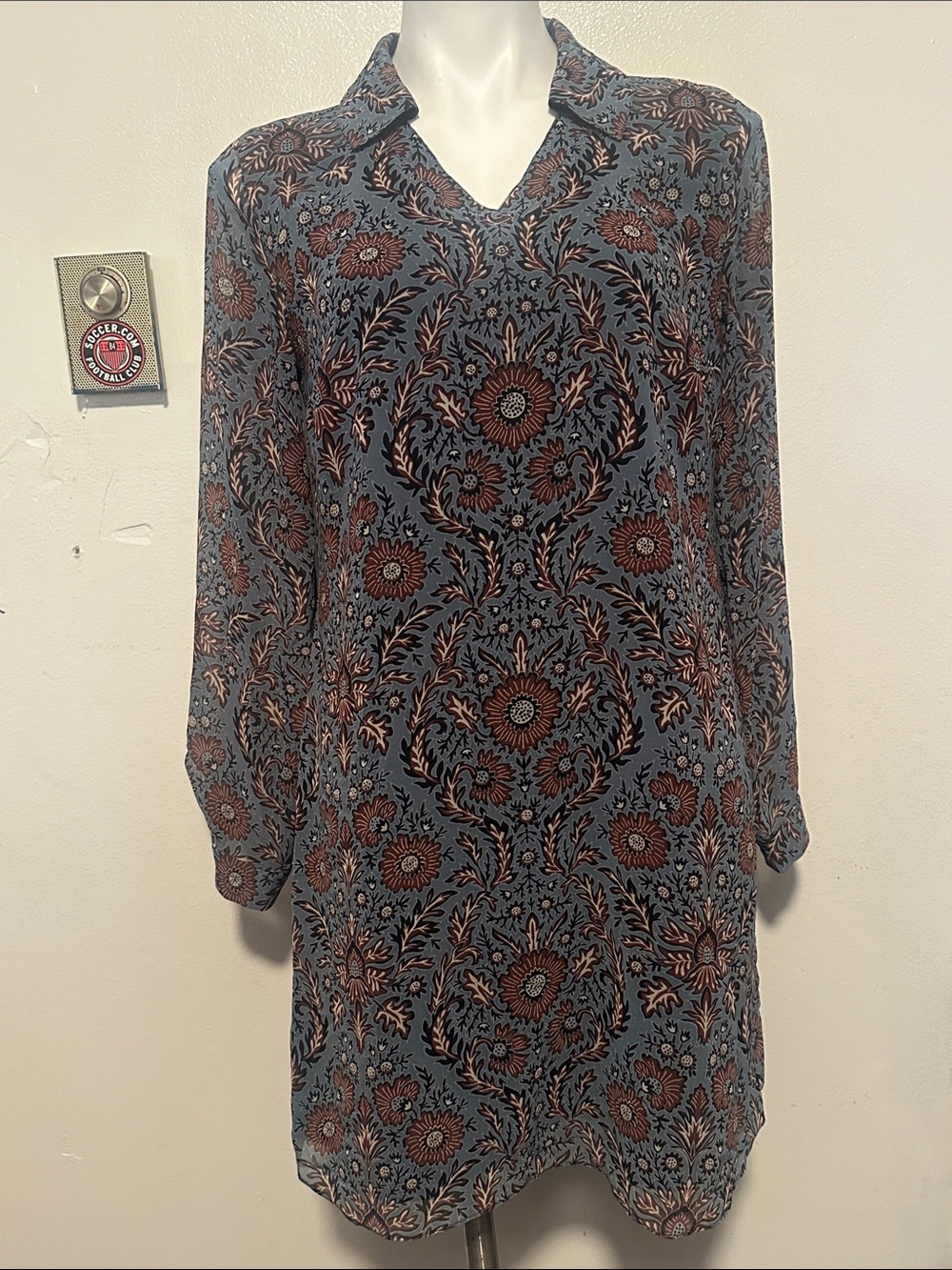 CAbi Blue Long-Sleeve V-Neck Dress with Rust Floral Print